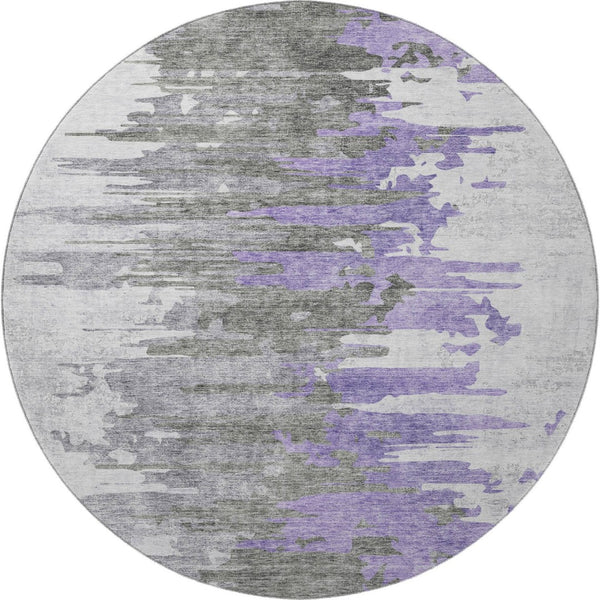 HomeRoots 8' Modern Abstract Round Rug in Purple, Gray & Ivory - Washable with UV Protection for High Traffic Areas 656948