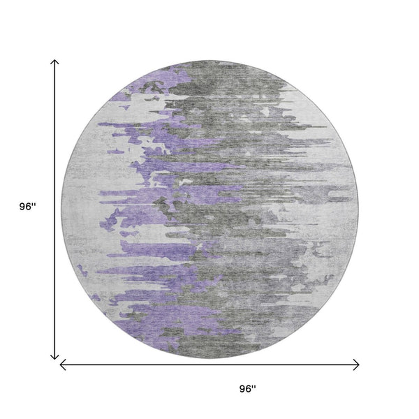 HomeRoots 8' Modern Abstract Round Rug in Purple, Gray & Ivory - Washable with UV Protection for High Traffic Areas 656948
