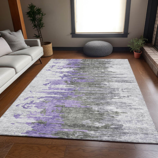HomeRoots 8' X 10' Washable Purple Gray Ivory Abstract Area Rug with UV Protection for High-Traffic Spaces 656949