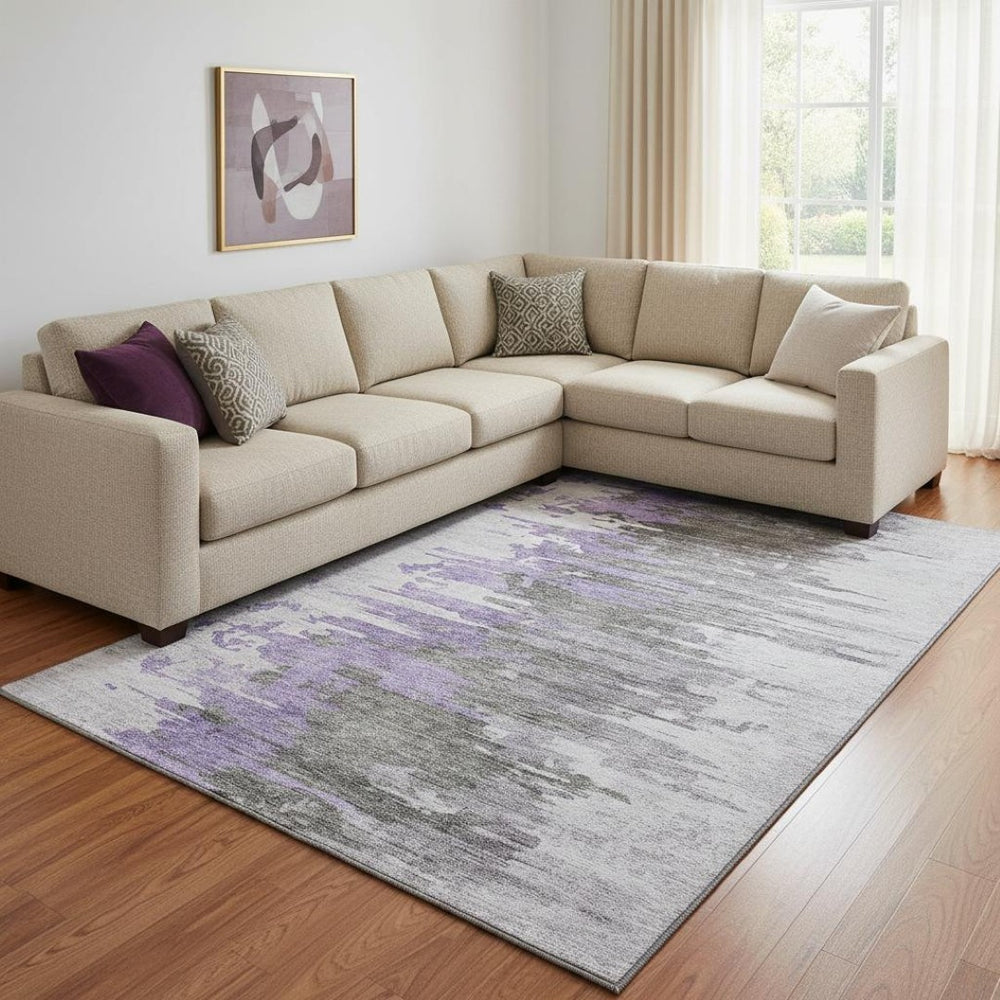 HomeRoots 8' X 10' Washable Purple Gray Ivory Abstract Area Rug with UV Protection for High-Traffic Spaces 656949