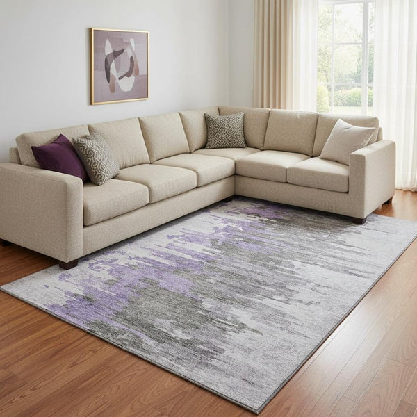 HomeRoots 8' X 10' Washable Purple Gray Ivory Abstract Area Rug with UV Protection for High-Traffic Spaces 656949