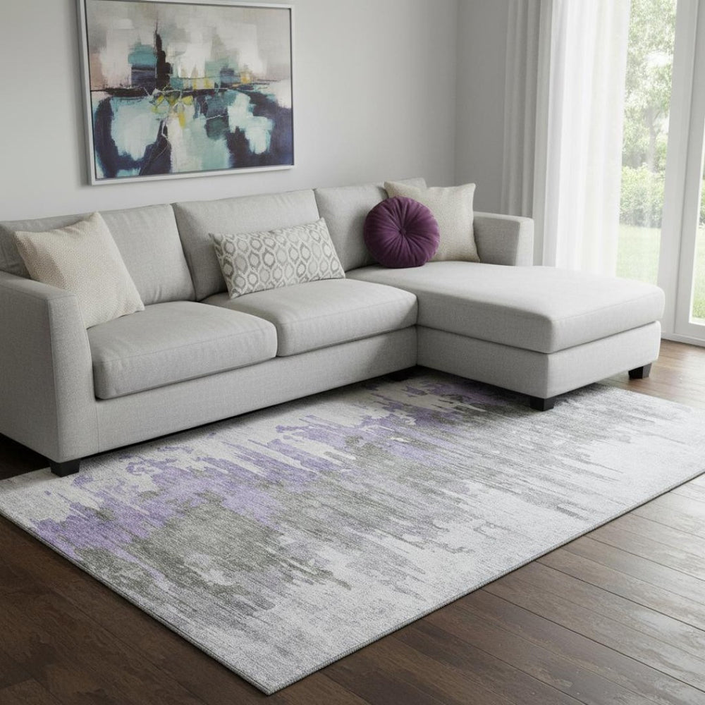 HomeRoots 9' X 12' Washable Abstract Area Rug in Purple, Gray, Ivory - Durable, UV-Resistant, Easy Care Design 656950
