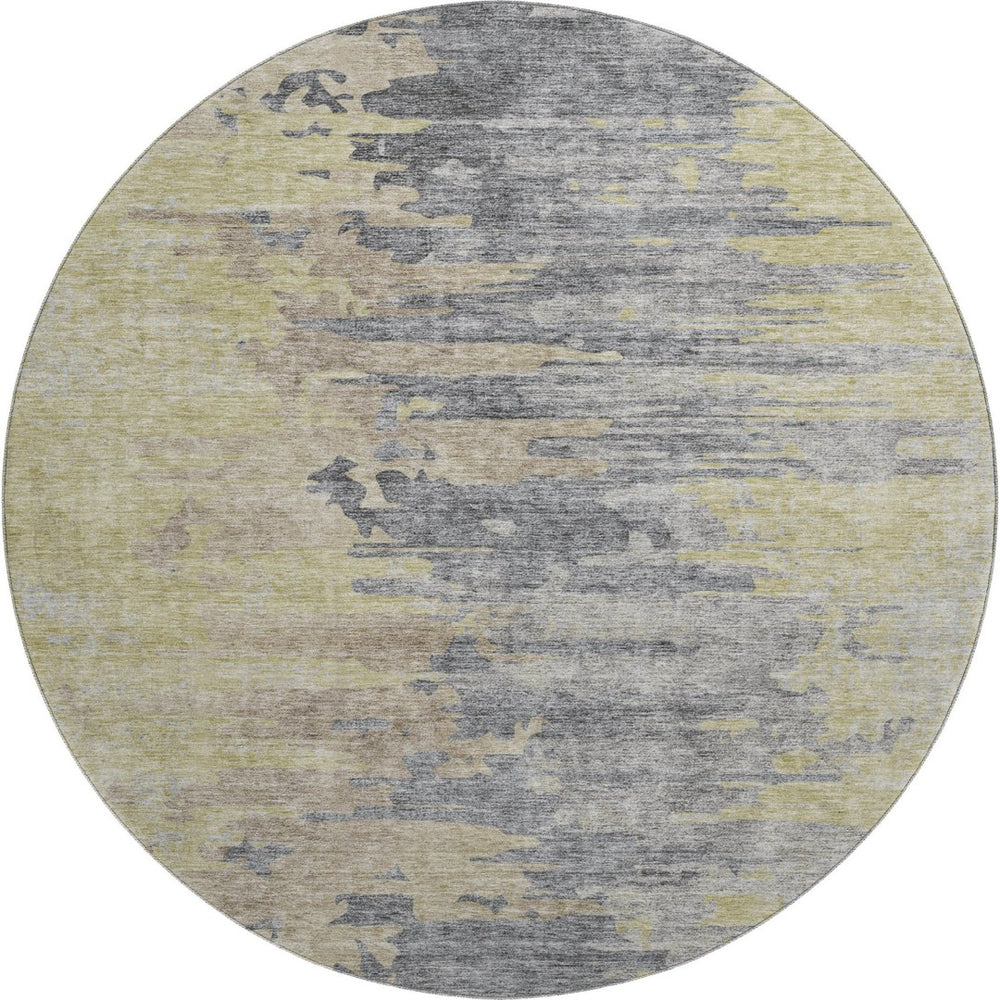 HomeRoots 8' Contemporary Pewter Silver & Gold Abstract Washable Round Rug with UV Protection & Stain Resistance 656954