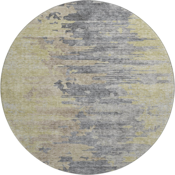 HomeRoots 8' Contemporary Pewter Silver & Gold Abstract Washable Round Rug with UV Protection & Stain Resistance 656954
