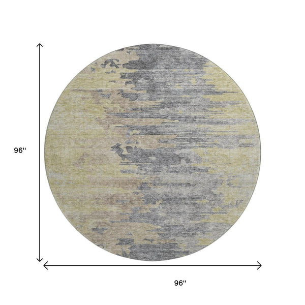 HomeRoots 8' Contemporary Pewter Silver & Gold Abstract Washable Round Rug with UV Protection & Stain Resistance 656954