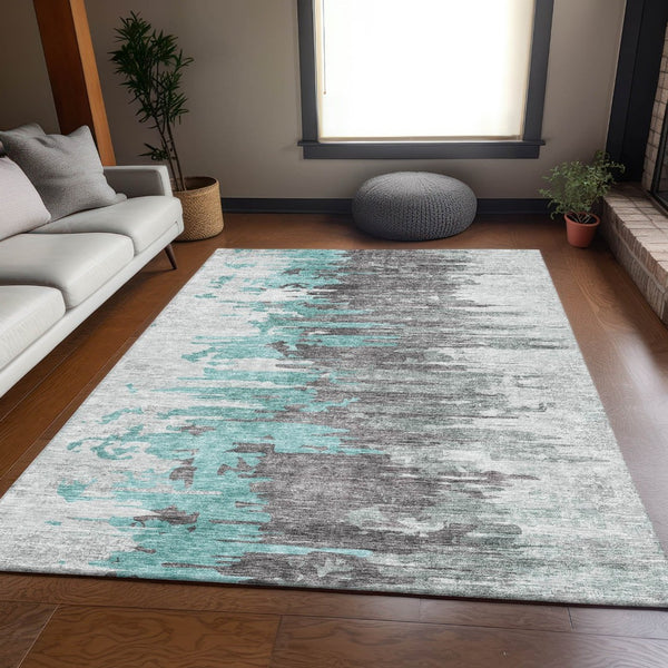 HomeRoots 5' X 8' Abstract Area Rug in Teal, Gray & Ivory – Soft, Washable, UV-Protected for High-Traffic Spaces 656959