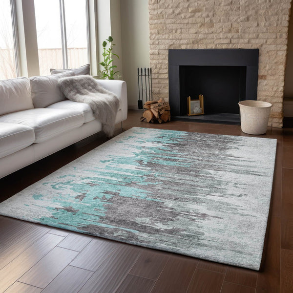 HomeRoots 5' X 8' Abstract Area Rug in Teal, Gray & Ivory – Soft, Washable, UV-Protected for High-Traffic Spaces 656959