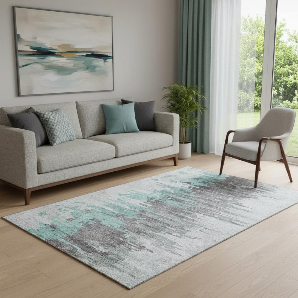 HomeRoots 5' X 8' Abstract Area Rug in Teal, Gray & Ivory – Soft, Washable, UV-Protected for High-Traffic Spaces 656959