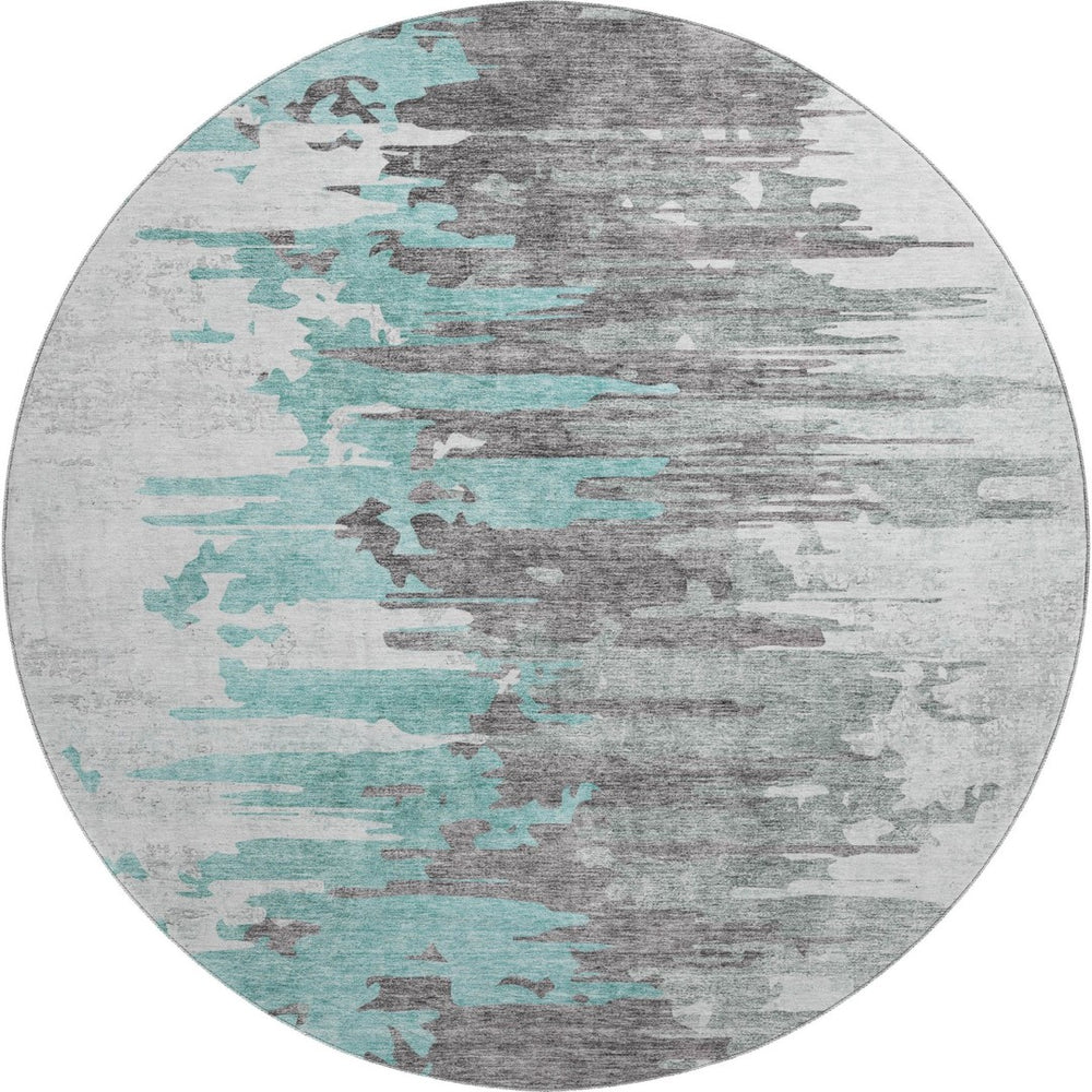 HomeRoots 8' Teal Gray and Ivory Abstract Washable Round Rug - Durable, UV-Protected, Stylish Home Décor Choice 656960