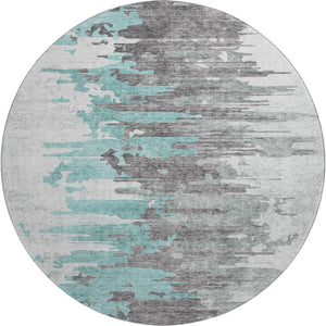 HomeRoots 8' Teal Gray and Ivory Abstract Washable Round Rug - Durable, UV-Protected, Stylish Home Décor Choice 656960