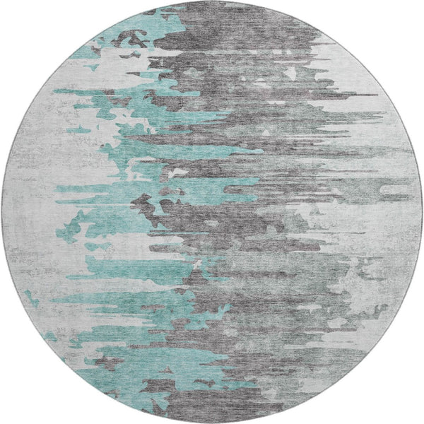 HomeRoots 8' Teal Gray and Ivory Abstract Washable Round Rug - Durable, UV-Protected, Stylish Home Décor Choice 656960