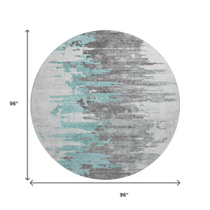 HomeRoots 8' Teal Gray and Ivory Abstract Washable Round Rug - Durable, UV-Protected, Stylish Home Décor Choice 656960