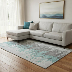HomeRoots 8' X 10' Abstract Teal Gray Ivory Area Rug - Washable, UV Protected, Perfect for High-Traffic Spaces! 656961