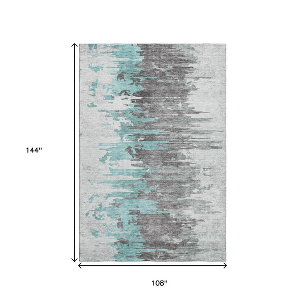 HomeRoots 9' X 12' Teal Gray & Ivory Abstract Washable Area Rug - Stain Resistant with UV Protection for Homes 656962