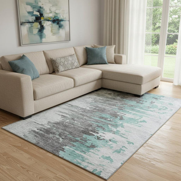 HomeRoots 9' X 12' Teal Gray & Ivory Abstract Washable Area Rug - Stain Resistant with UV Protection for Homes 656962