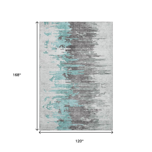 HomeRoots 10' X 14' Teal Gray & Ivory Abstract Area Rug - Washable, UV-Protected, Stain Resistant Design! 656963