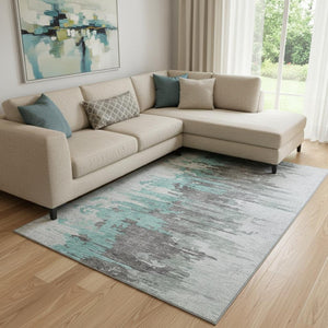 HomeRoots 10' X 14' Teal Gray & Ivory Abstract Area Rug - Washable, UV-Protected, Stain Resistant Design! 656963