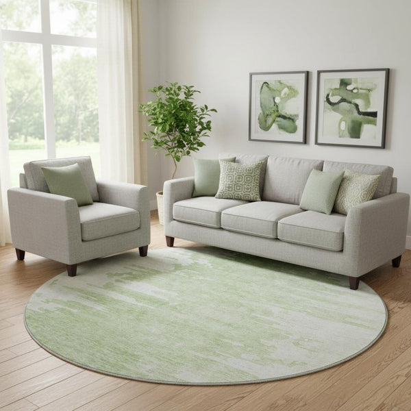 HomeRoots 8' Artichoke Green & Ivory Abstract Round Rug - Washable, UV-Protected, Stylish & Durable for Homes 656966