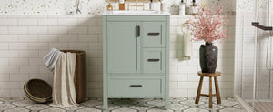 English Elm Modern 24 Inch Bathroom Vanity Solid Wood Cabinet with Ceramic Sink and Soft Close Storage Green N729P292859F