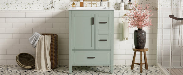 English Elm Modern 24 Inch Bathroom Vanity Solid Wood Cabinet with Ceramic Sink and Soft Close Storage Green N729P292859F