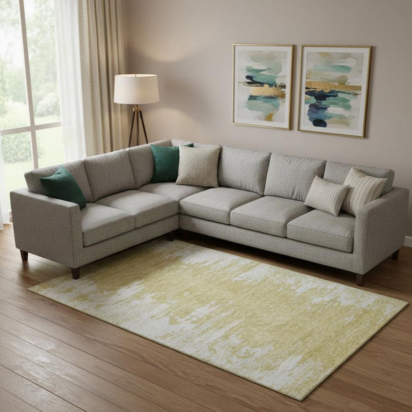 HomeRoots 10' X 14' Gold and Ivory Abstract Washable Area Rug with UV Protection for Stylish, Family-Friendly Spaces 656975