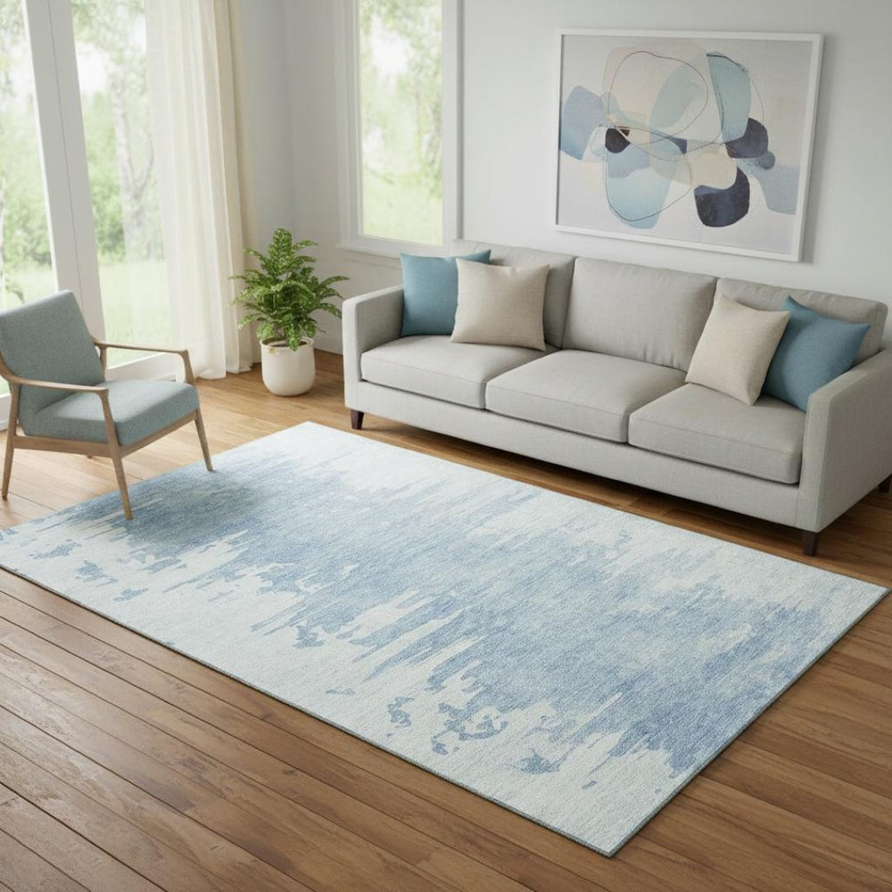 HomeRoots 5' X 8' Sky Blue & Ivory Abstract Area Rug – Washable, UV-Protected, Soft, Modern Design for Any Space 656983