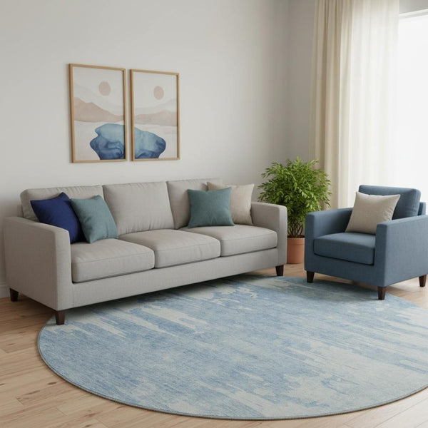 HomeRoots 8' Sky Blue and Ivory Abstract Round Rug - Washable, UV Protected, Durable for Modern Spaces 656984