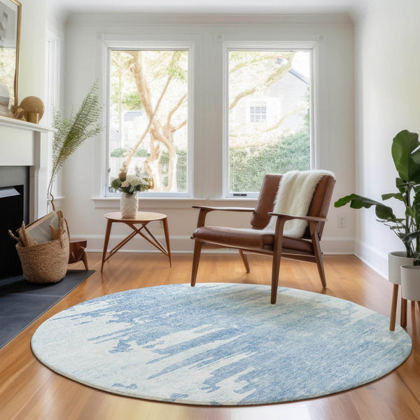 HomeRoots 8' Sky Blue and Ivory Abstract Round Rug - Washable, UV Protected, Durable for Modern Spaces 656984