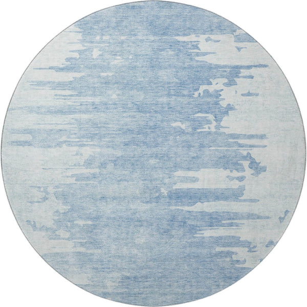 HomeRoots 8' Sky Blue and Ivory Abstract Round Rug - Washable, UV Protected, Durable for Modern Spaces 656984