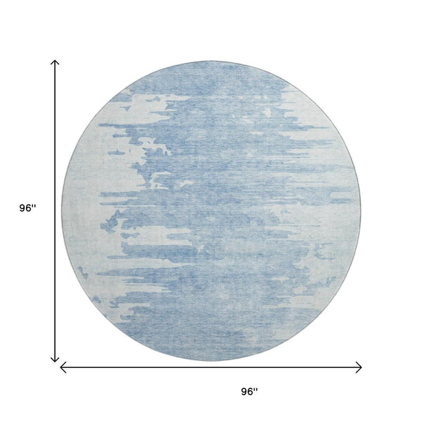 HomeRoots 8' Sky Blue and Ivory Abstract Round Rug - Washable, UV Protected, Durable for Modern Spaces 656984