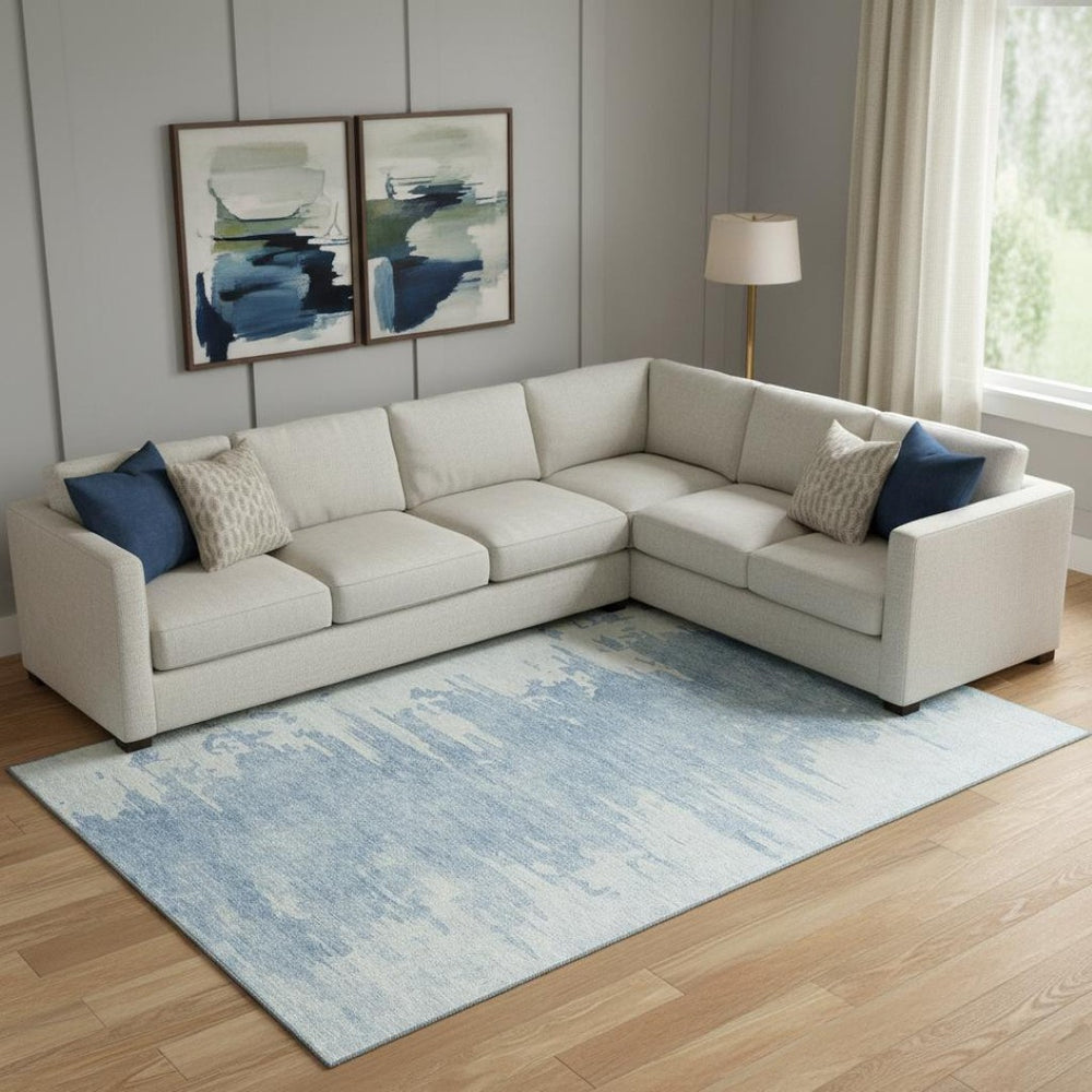 HomeRoots 10' X 14' Sky Blue & Ivory Abstract Rug - Washable, UV-Protected, Stain-Resistant for Busy Homes 656987