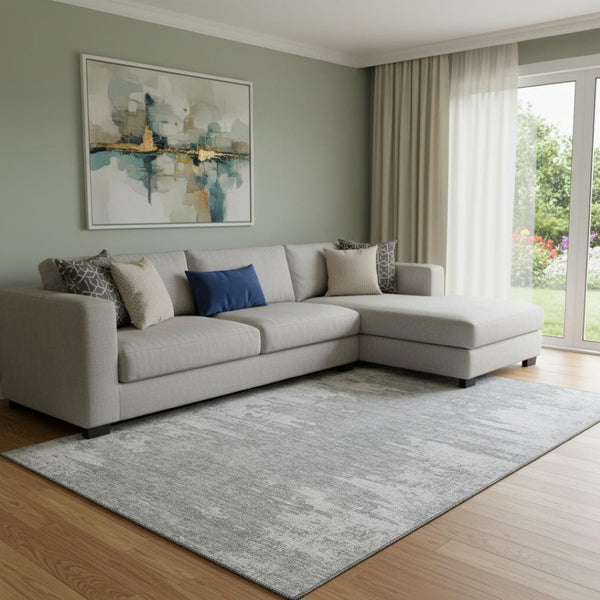 HomeRoots 8' X 10' Silver and Gray Abstract Washable Area Rug – Stylish, Durable, UV-Protected for High Traffic Spaces 656991
