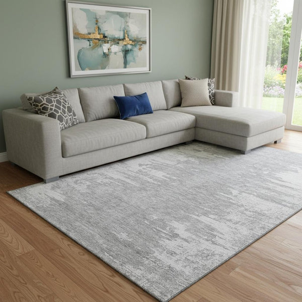 HomeRoots 10' X 14' Silver And Gray Abstract Washable Area Rug - Durable, Stylish, UV Protected for Modern Homes 656993