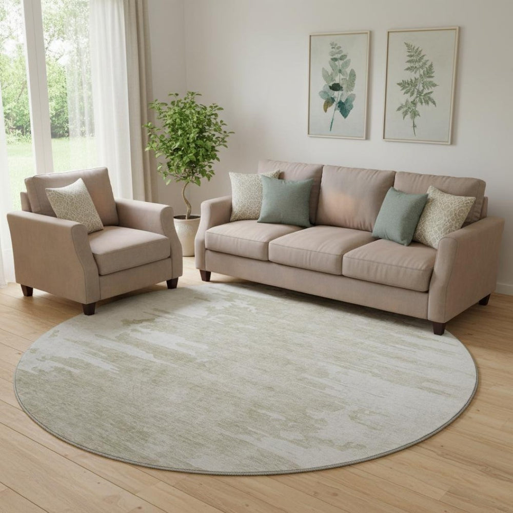 HomeRoots 8' Taupe and Ivory Abstract Round Rug - Durable, Washable, UV Protected for Modern Living Spaces 656996