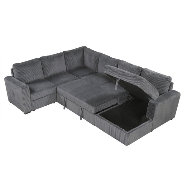 English Elm U_Style U-Shaped Corduroy Sectional Sofa With Storage & Usb Ports - 6-Seater Comfort For Any Space N711P235751E-GIGA