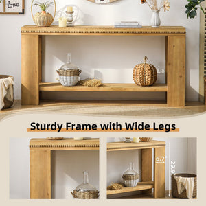 English Elm 63" Natural Wood Boho Console Table with Beaded Edge, 2-Tier Rustic Narrow Sofa Table for Entryways W3306P318859