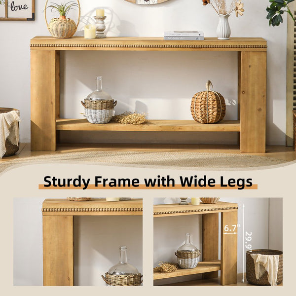 English Elm 63" Natural Wood Boho Console Table with Beaded Edge, 2-Tier Rustic Narrow Sofa Table for Entryways W3306P318859