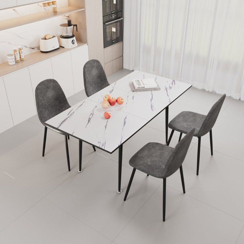 English Elm 47"-63" Extendable Marble Print Dining Set Four Suede Chairs Modern White Mdf Table W2189S00927