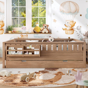 English Elm Queen Bunk Bed with Trundle Solid Pine Kids Car Themed Frame Built-in Bookshelf Natural W1580S00564