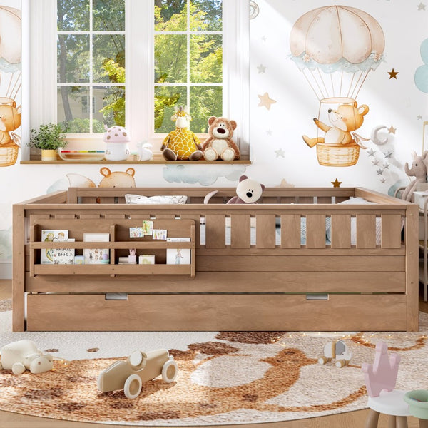 English Elm Queen Bunk Bed with Trundle Solid Pine Kids Car Themed Frame Built-in Bookshelf Natural W1580S00564