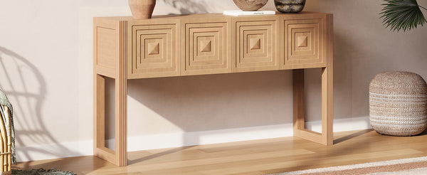 English Elm [video] Art Deco Console Table Geometric Carved Fronts Fluted Legs 3 Soft-close Drawers Light Brown N759P433572T