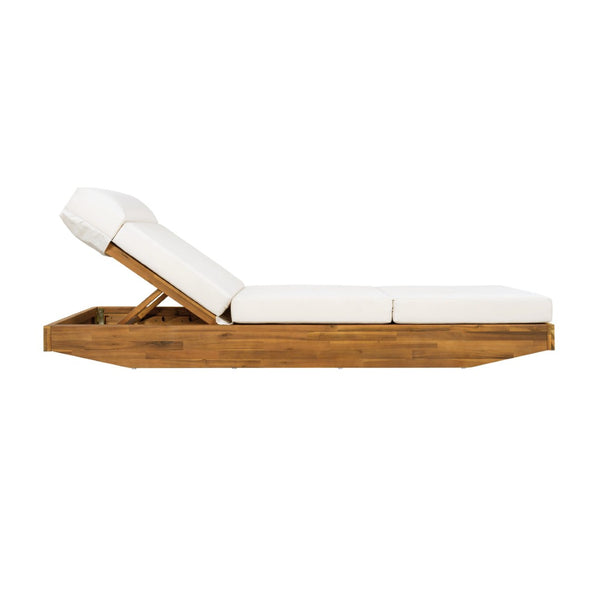 English Elm Boat-shape Acacia Wood Outdoor Chaise Lounge Slatted Teak Finish Poolside Recliner Cream,Teak N770P380117T_N770P285267C