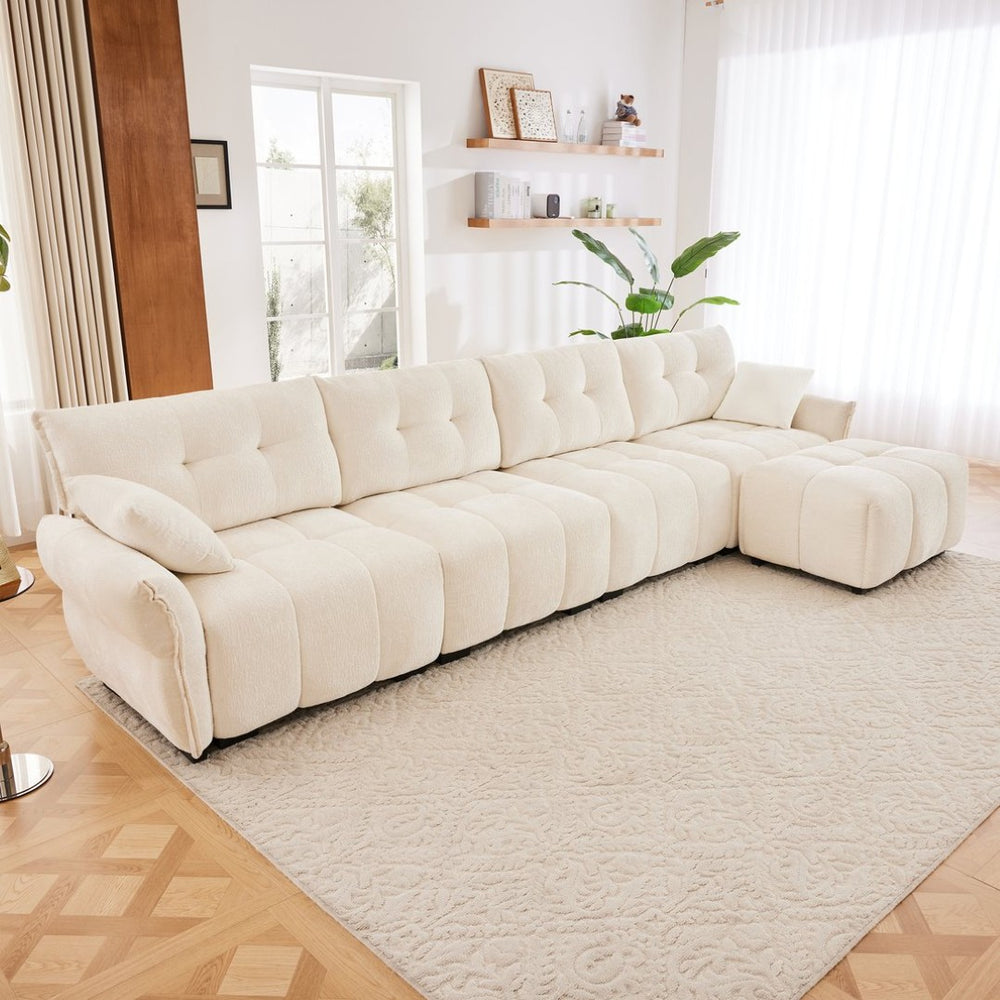 English Elm Modular Chenille Sectional Sofa with Ottoman Solid Wood Frame Living Room Seating White W714S01657