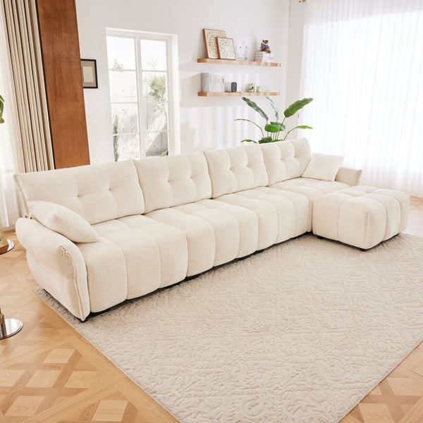 English Elm Modular Chenille Sectional Sofa with Ottoman Solid Wood Frame Living Room Seating White W714S01657