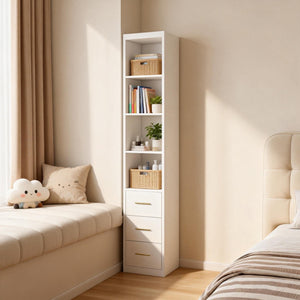 English Elm 15.75x85.04inch White Slim Tower Cabinet Four Shelves Three Drawers Bedroom Bath W5290P457931