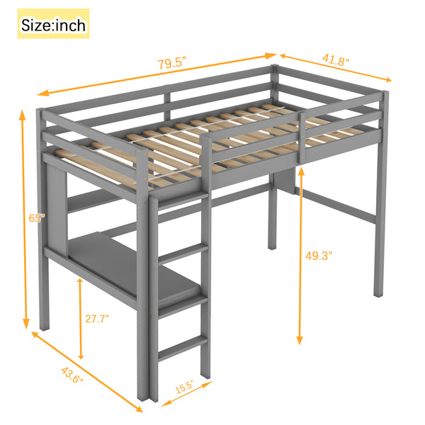 English Elm Twin Loft Bed with Built-In Desk and Bookcase, Pine Frame, Safety Guardrail, Ladder for Study Space Grey W504P181852