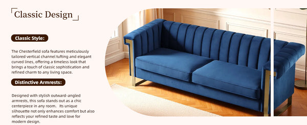 English Elm FX-P81-BK2 Modern Chesterfield Sofa Velvet Upholstery with Gold Metal Legs and Channel Tufting Elegance Blue W576S00088