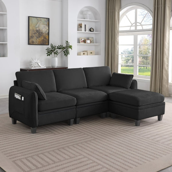 English Elm 102 Inch Linen Modular Sectional Sofa with Hidden Storage and Cloud Cushion Comfort Black W1099S00214