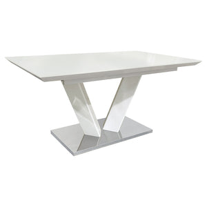 English Elm Sleek Extendable Dining Table White Lacquer Top Chrome Base Seats Six Modern Room B011S01211