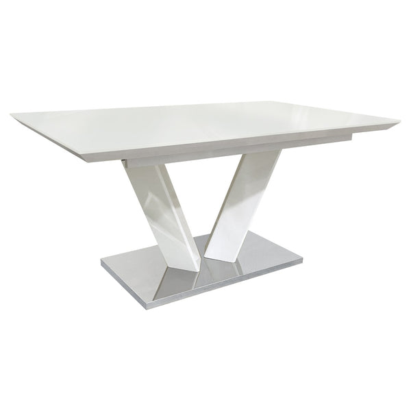English Elm Sleek Extendable Dining Table White Lacquer Top Chrome Base Seats Six Modern Room B011S01211